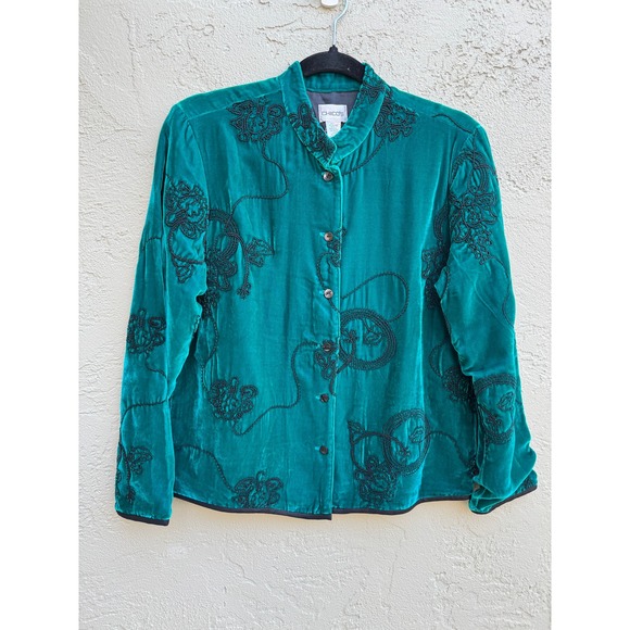 Chico's Velvet Embroidered Button Down Teal Jacket Blouse Top Elegant - Picture 1 of 8